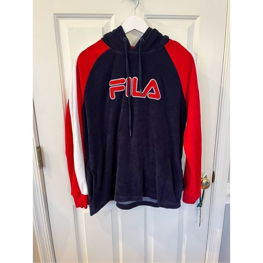 Fila Ted a white & Blue Womens French Terry Hoodie sz L EUC